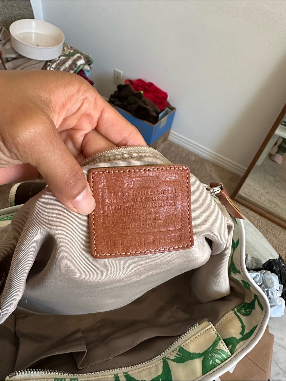 Coach Canvas Tote Bag with Green Print and Brown Leather Trim - Picture 6 of 9